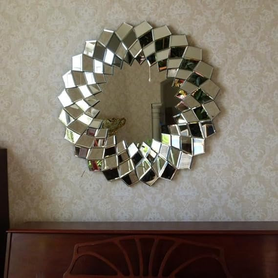 Bungalow Mercer – Prism Glow Round Wall Mirror with Geometric Beveled Glass Frame – Luxury Decorative Accent for Living Room & Entryway