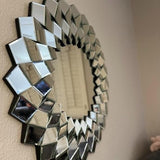 Bungalow Mercer – Prism Glow Round Wall Mirror with Geometric Beveled Glass Frame – Luxury Decorative Accent for Living Room & Entryway