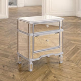 BUNGALOW MERCER Mirrored Nightstand – 2-Drawer Silver Bedside Table with Crystal Knobs for Bedroom & Living Room
