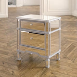 BUNGALOW MERCER Mirrored Nightstand – 2-Drawer Silver Bedside Table with Crystal Knobs for Bedroom & Living Room