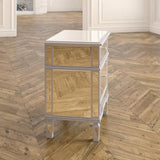 BUNGALOW MERCER Mirrored Nightstand – 2-Drawer Silver Bedside Table with Crystal Knobs for Bedroom & Living Room