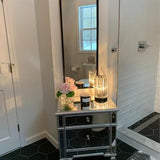 BUNGALOW MERCER Mirrored Nightstand – 2-Drawer Silver Bedside Table with Crystal Knobs for Bedroom & Living Room