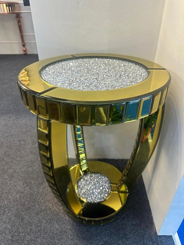 BUNGALOW MERCER Gold Mirrored Side Table with Crushed Diamond Top – Luxury Round Accent for Living Room, Bedroom & Entryway