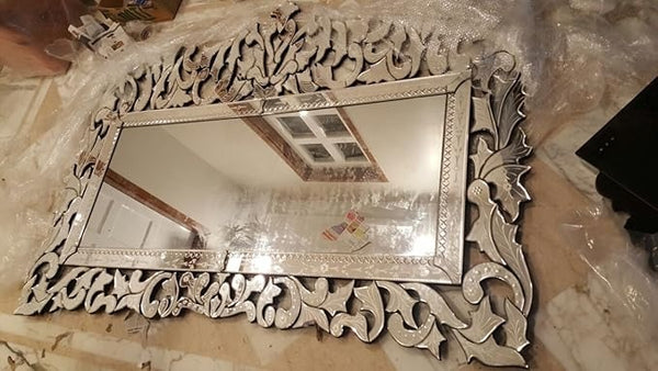 Gallery Venetian Wall Mirror with MDF Frame, Free Bangle Stand &amp; Labyrinth Design, Silver Finish (36" x 48")