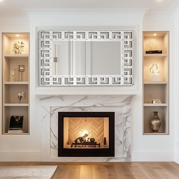 Bungalow Mercer – Large Rectangular Wall Mirror with Geometric Beveled Frame – Elegant Decorative Accent for Living Room, Bedroom & Entryway